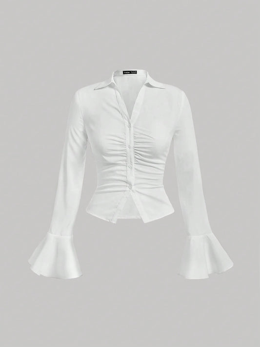 MOD Solid Ruched Front Flare Sleeve Slim Fit White Shirt, Graduation