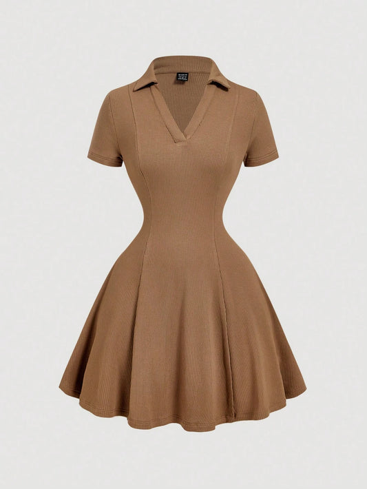 MOD Vintage Brown Ruffle Collar Knitted Mini Dress,Summer,Casual,School,Back-To-School,Preppy Style,70s,Old Money Aesthetic,Office Outfits School