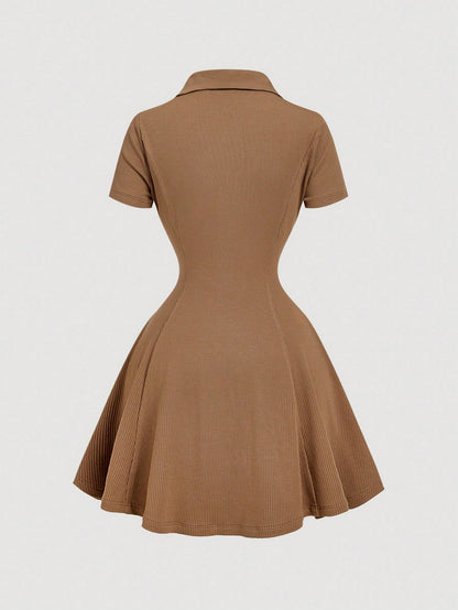 MOD Vintage Brown Ruffle Collar Knitted Mini Dress,Summer,Casual,School,Back-To-School,Preppy Style,70s,Old Money Aesthetic,Office Outfits School