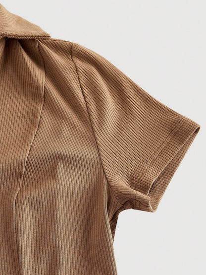 MOD Vintage Brown Ruffle Collar Knitted Mini Dress,Summer,Casual,School,Back-To-School,Preppy Style,70s,Old Money Aesthetic,Office Outfits School