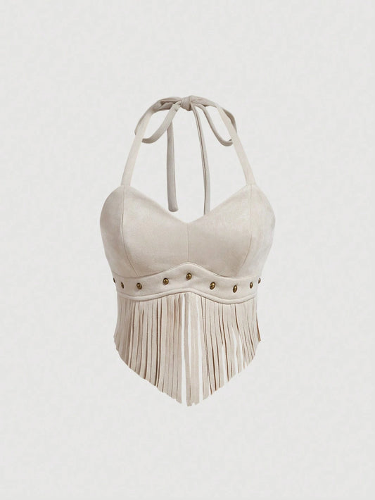 MOD Vintage Brown Suede Halter Top With Tassel For Women
