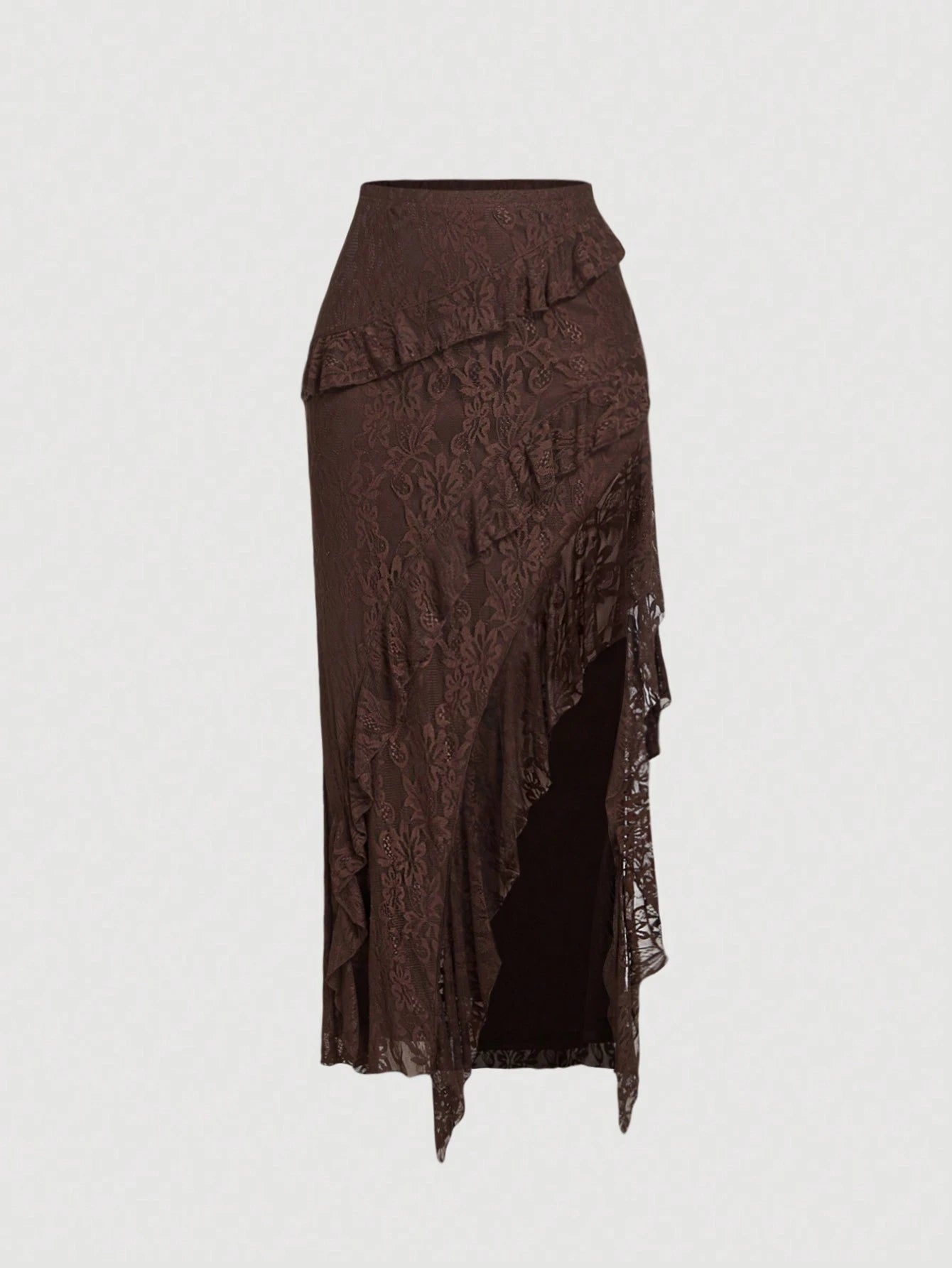 MOD Women Brown Ruffled High Slit Lace Midi Skirt,Winter Elegant Tight Tea Party Wedding Banquet Evening Floral Layered High Waist Skirt Outfits