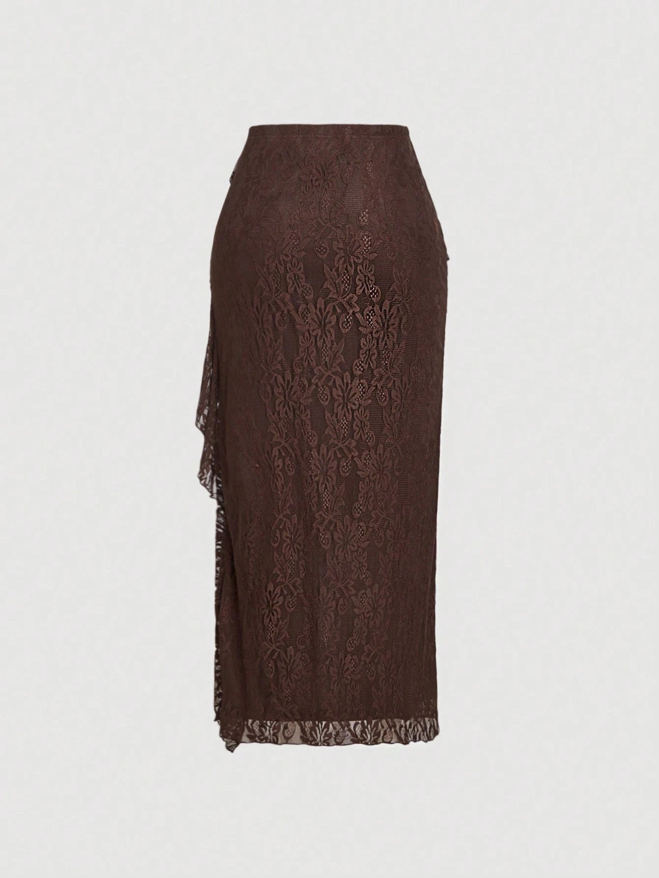 MOD Women Brown Ruffled High Slit Lace Midi Skirt,Winter Elegant Tight Tea Party Wedding Banquet Evening Floral Layered High Waist Skirt Outfits