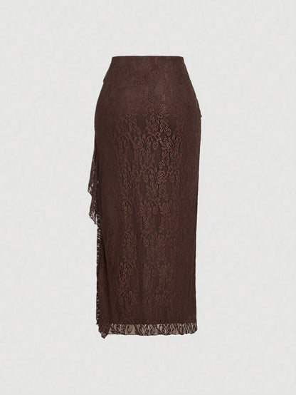 MOD Women Brown Ruffled High Slit Lace Midi Skirt,Winter Elegant Tight Tea Party Wedding Banquet Evening Floral Layered High Waist Skirt Outfits