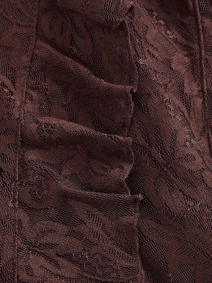 MOD Women Brown Ruffled High Slit Lace Midi Skirt,Winter Elegant Tight Tea Party Wedding Banquet Evening Floral Layered High Waist Skirt Outfits