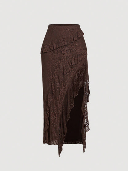 MOD Women Brown Ruffled High Slit Lace Midi Skirt,Winter Elegant Tight Tea Party Wedding Banquet Evening Floral Layered High Waist Skirt Outfits