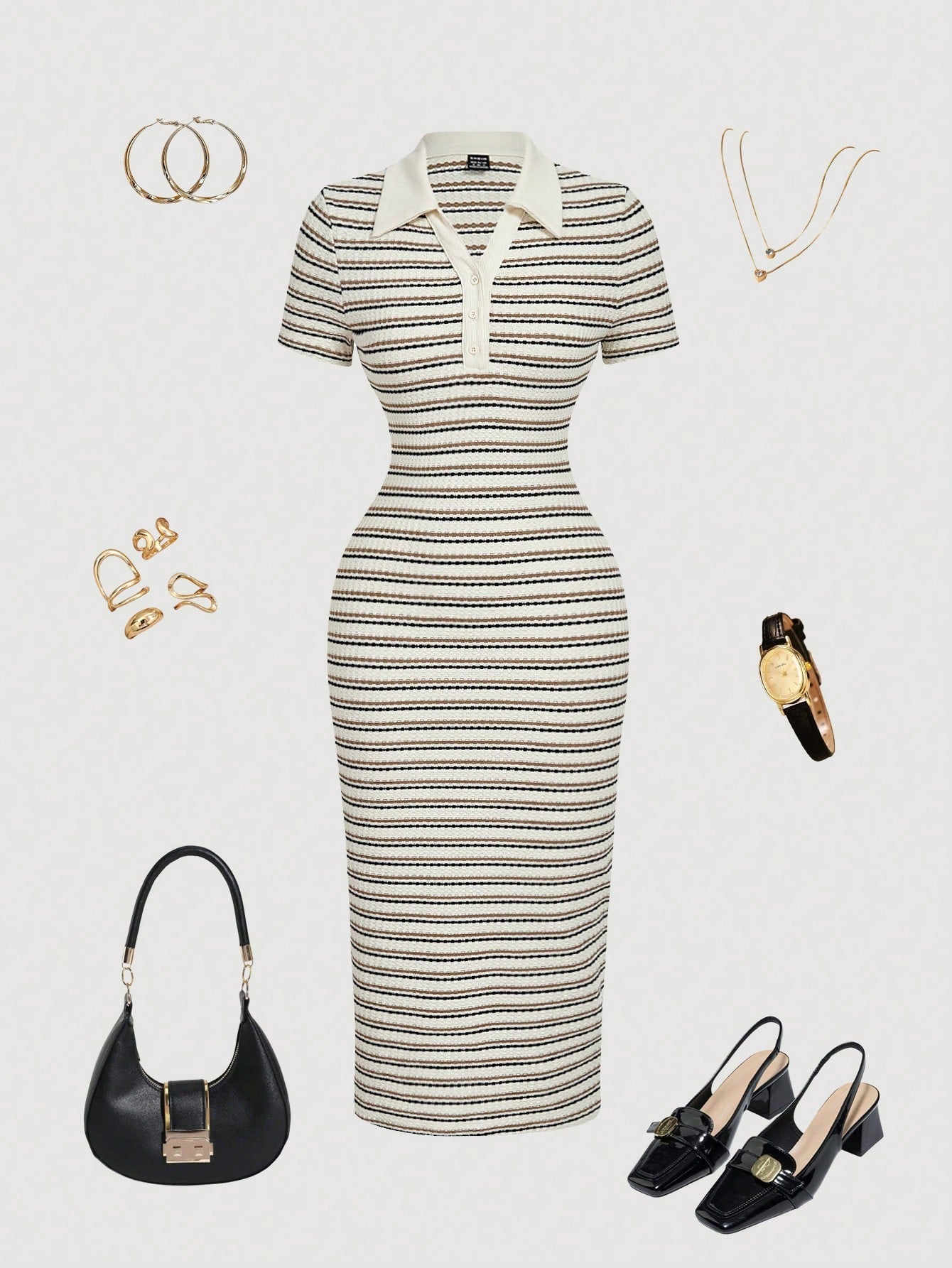 MOD Women's Blue And White Striped Polo Collar Fitted Mid-Length Dress, Summer, Casual, School, Back-To-School, Preppy Office Work Commute Teachers' Day