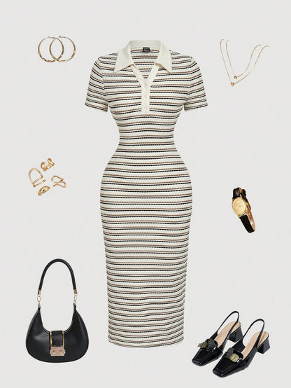 MOD Women's Blue And White Striped Polo Collar Fitted Mid-Length Dress, Summer, Casual, School, Back-To-School, Preppy Office Work Commute Teachers' Day