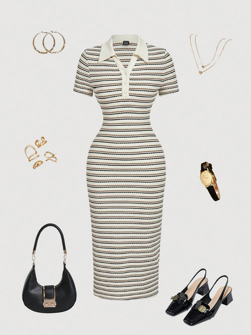 MOD Women's Blue And White Striped Polo Collar Fitted Mid-Length Dress, Summer, Casual, School, Back-To-School, Preppy Office Work Commute Teachers' Day