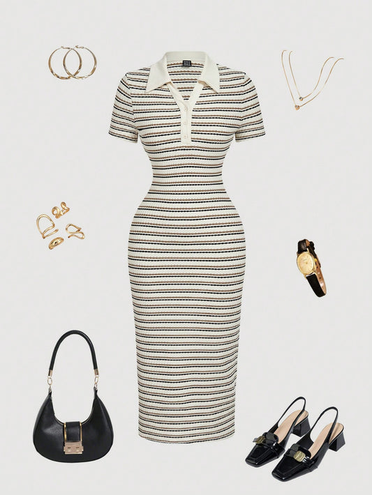 MOD Women's Blue And White Striped Polo Collar Fitted Mid-Length Dress, Summer, Casual, School, Back-To-School, Preppy Office Work Commute Teachers' Day