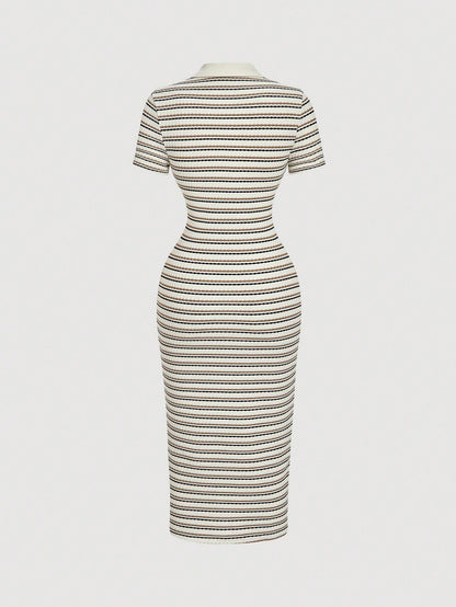 MOD Women's Blue And White Striped Polo Collar Fitted Mid-Length Dress, Summer, Casual, School, Back-To-School, Preppy Office Work Commute Teachers' Day
