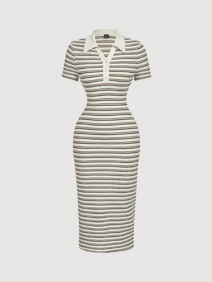MOD Women's Blue And White Striped Polo Collar Fitted Mid-Length Dress, Summer, Casual, School, Back-To-School, Preppy Office Work Commute Teachers' Day