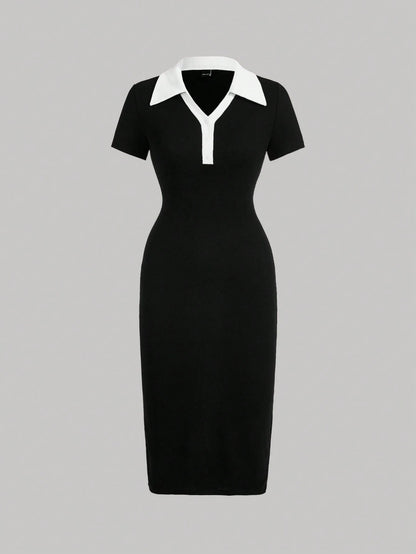 MOD Women's Blue And White Striped Polo Collar Fitted Mid-Length Dress, Summer, Casual, School, Back-To-School, Preppy Office Work Commute Teachers' Day