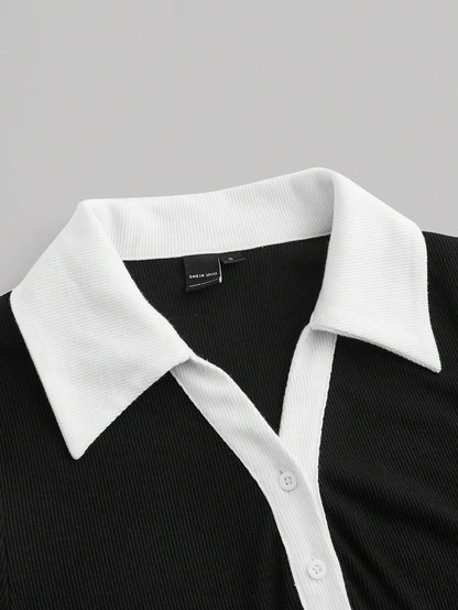 MOD Women's Blue And White Striped Polo Collar Fitted Mid-Length Dress, Summer, Casual, School, Back-To-School, Preppy Office Work Commute Teachers' Day