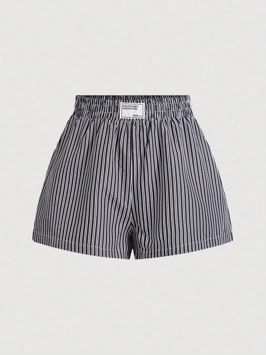 MOD Women's Blue & White Striped Elastic Waistband Shorts With Alphabet Applique Decoration