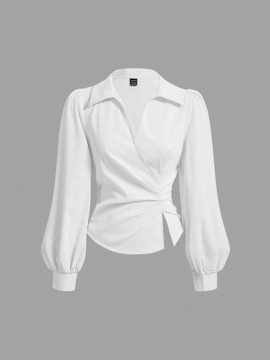 MOD Women's Elegant Solid Color Lantern Sleeve Wrap Blouse, Summer And Autumn.Back To School.Campus