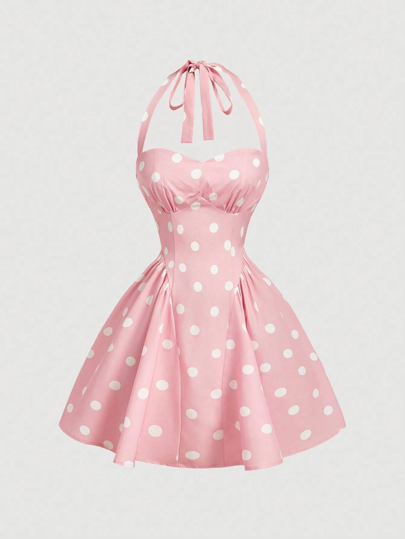MOD Women's Pink And White Polka Dot 90s Retro Tea Party Summer Dress,Minimalist & Fashionable Bandeau Long Dress For Beach Vacation,Ceremony & Graduation