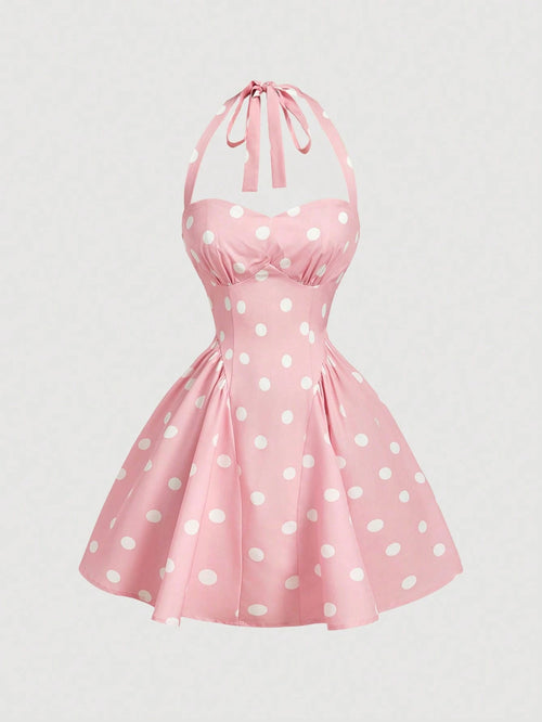 MOD Women's Pink And White Polka Dot 90s Retro Tea Party Summer Dress,Minimalist & Fashionable Bandeau Long Dress For Beach Vacation,Ceremony & Graduation