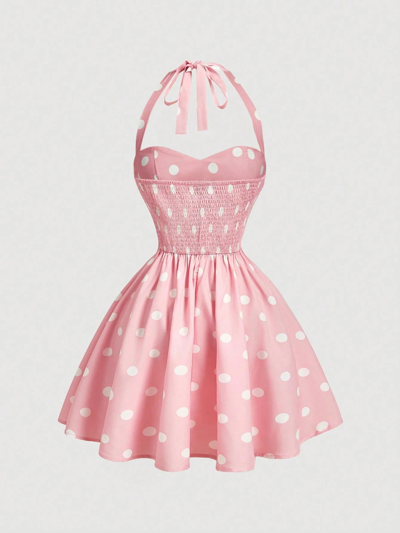 MOD Women's Pink And White Polka Dot 90s Retro Tea Party Summer Dress,Minimalist & Fashionable Bandeau Long Dress For Beach Vacation,Ceremony & Graduation