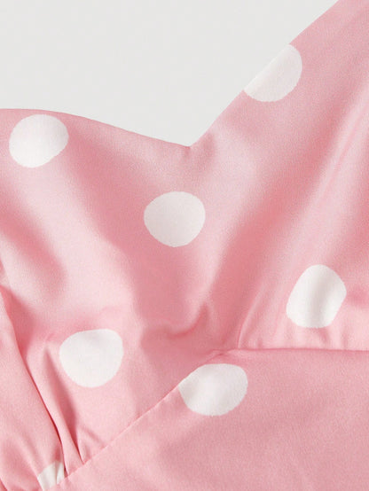 MOD Women's Pink And White Polka Dot 90s Retro Tea Party Summer Dress,Minimalist & Fashionable Bandeau Long Dress For Beach Vacation,Ceremony & Graduation
