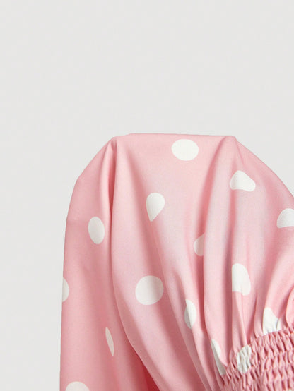 MOD Women's Pink And White Polka Dot 90s Retro Tea Party Summer Dress,Minimalist & Fashionable Bandeau Long Dress For Beach Vacation,Ceremony & Graduation