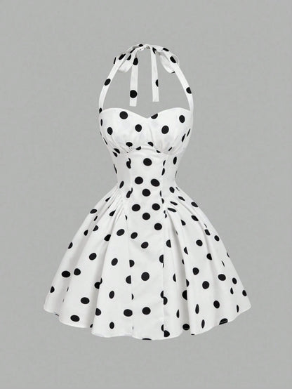 MOD Women's Pink And White Polka Dot 90s Retro Tea Party Summer Dress,Minimalist & Fashionable Bandeau Long Dress For Beach Vacation,Ceremony & Graduation