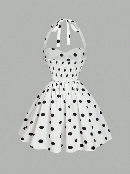 MOD Women's Pink And White Polka Dot 90s Retro Tea Party Summer Dress,Minimalist & Fashionable Bandeau Long Dress For Beach Vacation,Ceremony & Graduation