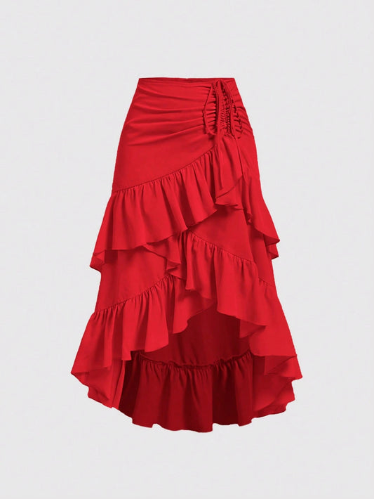 MOD Women's Red Summer Elegant High Waist A-Line Chiffon Skirt,High-Low Hem Drawstring Ruffled Layered Ruched Flowy Maxi Skirt For Vacation,Party,Cocktail