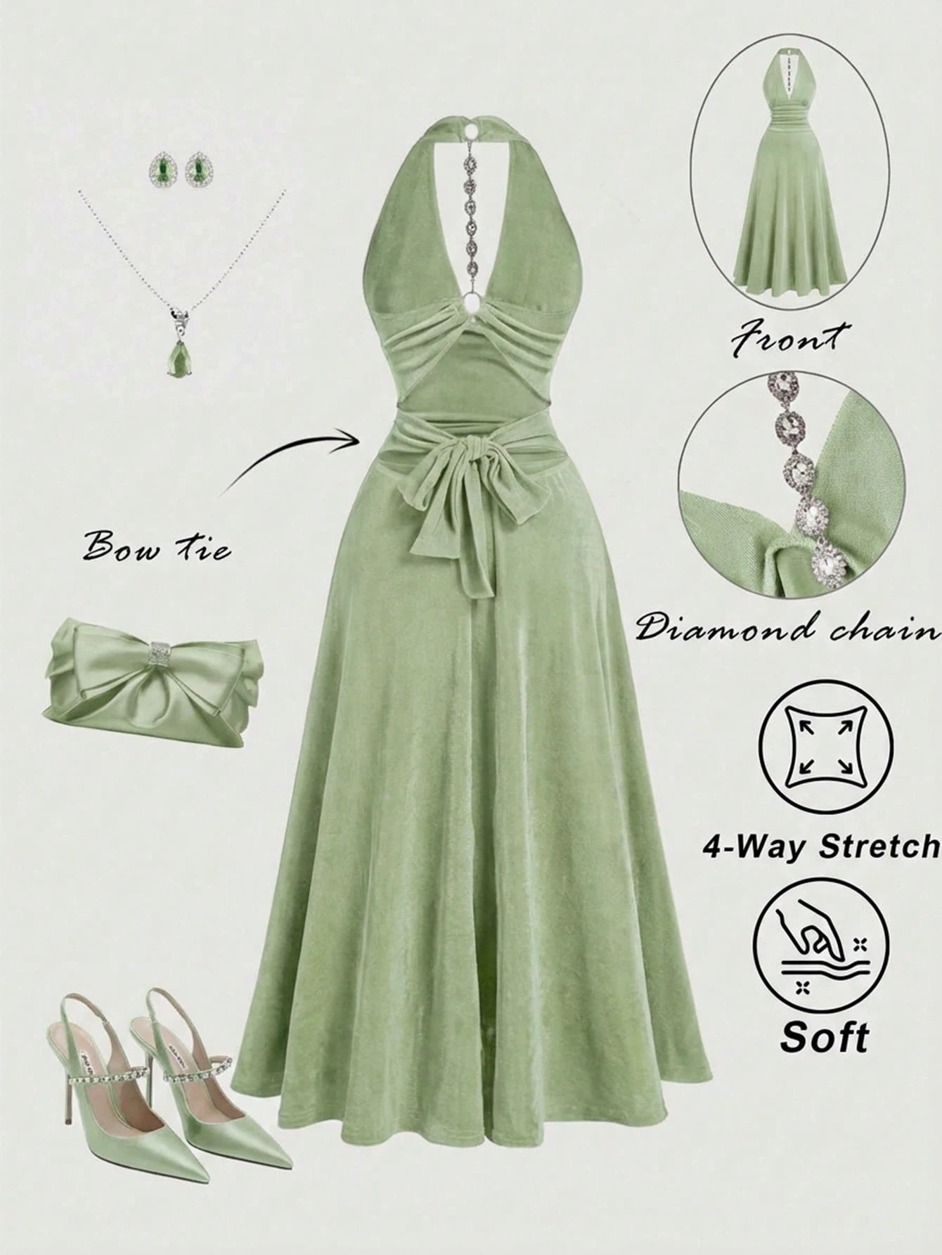 MOD Women's Solid Color Halter Deep V-Neck Metal Ring & Rhinestone Bow Cutout Backless Elegant Sexy Mid-Length Dress,Summer Dresses For Women