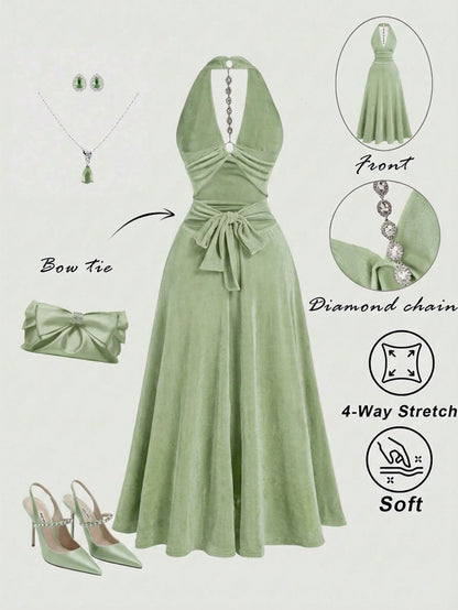 MOD Women's Solid Color Halter Deep V-Neck Metal Ring & Rhinestone Bow Cutout Backless Elegant Sexy Mid-Length Dress,Summer Dresses For Women
