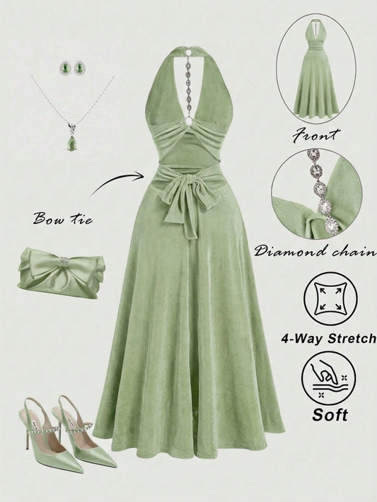 MOD Women's Solid Color Halter Deep V-Neck Metal Ring & Rhinestone Bow Cutout Backless Elegant Sexy Mid-Length Dress,Summer Dresses For Women