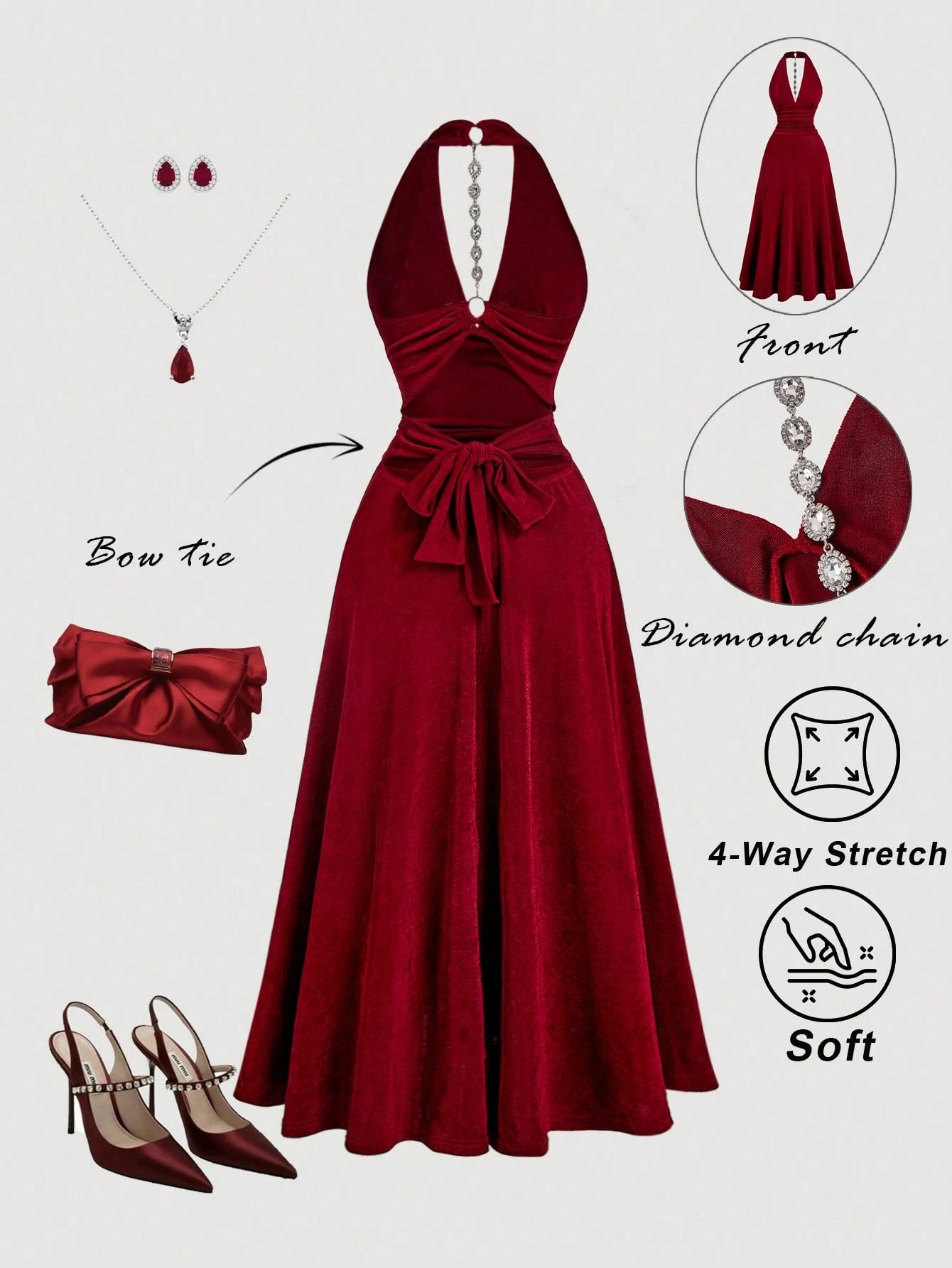 MOD Women's Solid Color Halter Deep V-Neck Metal Ring & Rhinestone Bow Cutout Backless Elegant Sexy Mid-Length Dress,Summer Dresses For Women