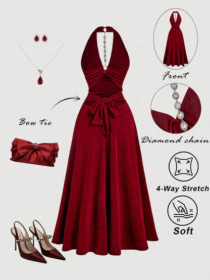 MOD Women's Solid Color Halter Deep V-Neck Metal Ring & Rhinestone Bow Cutout Backless Elegant Sexy Mid-Length Dress,Summer Dresses For Women