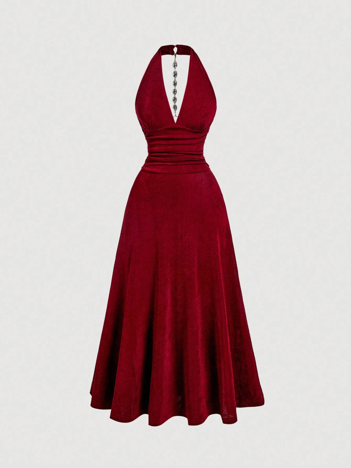 MOD Women's Solid Color Halter Deep V-Neck Metal Ring & Rhinestone Bow Cutout Backless Elegant Sexy Mid-Length Dress,Summer Dresses For Women