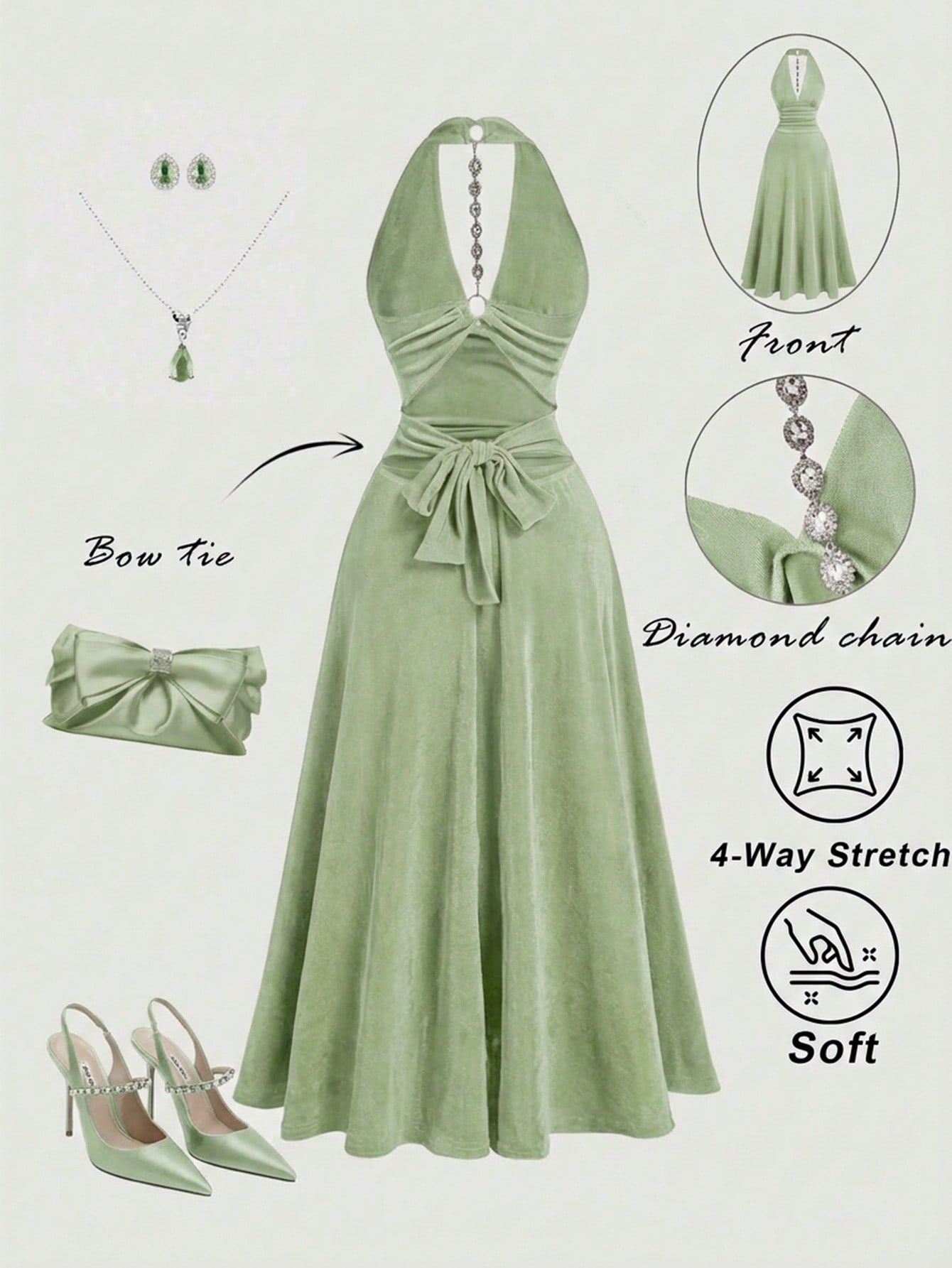 MOD Women's Solid Color Halter Deep V-Neck Metal Ring & Rhinestone Bow Cutout Backless Elegant Sexy Mid-Length Dress,Summer Dresses For Women