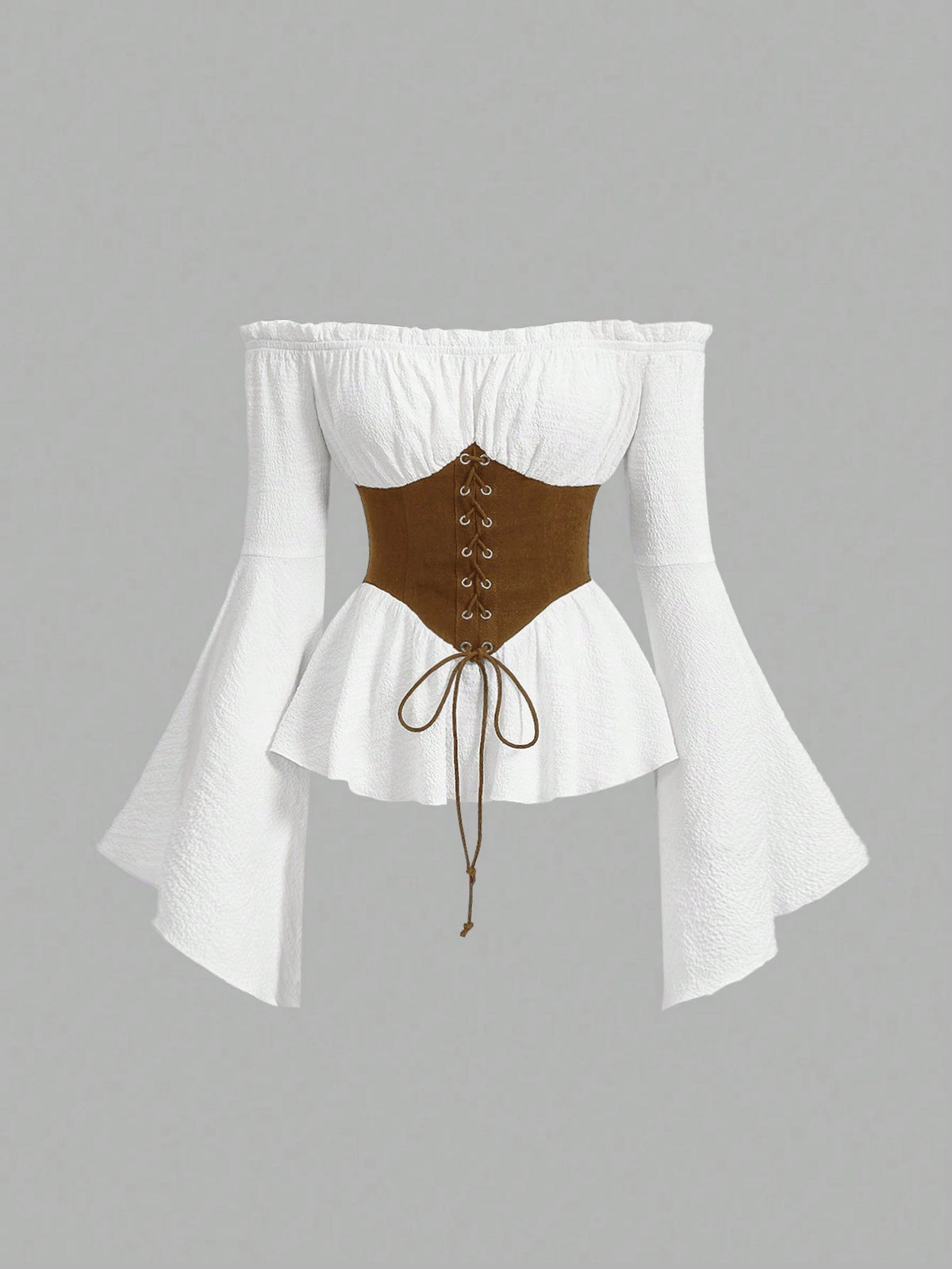 MOD Women's White And Brown Off Shoulder Lace-Up Blouse,Summer Cottage Core Long Flared Sleeve Peplum Top,Renaissance Vintage Corset Waist Photoshoot