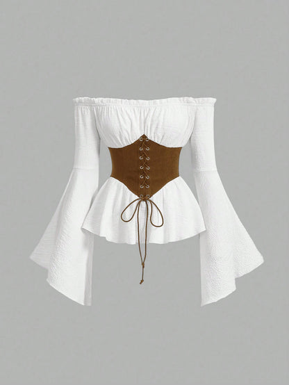 MOD Women's White And Brown Off Shoulder Lace-Up Blouse,Summer Cottage Core Long Flared Sleeve Peplum Top,Renaissance Vintage Corset Waist Photoshoot
