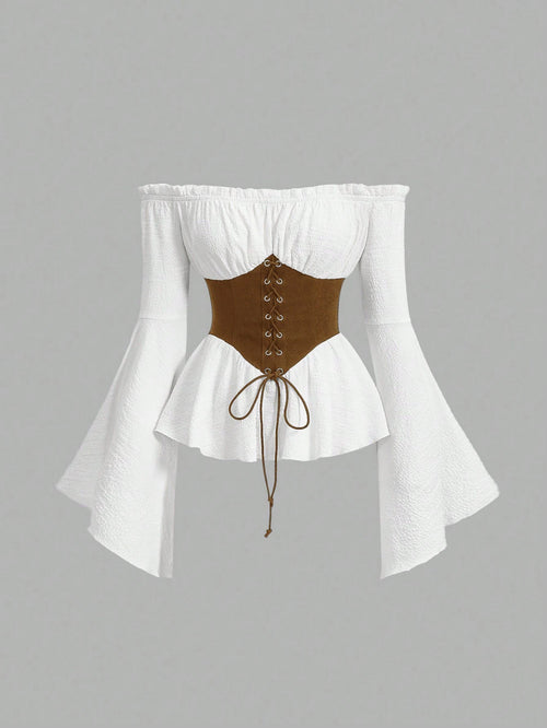 MOD Women's White And Brown Off Shoulder Lace-Up Blouse,Summer Cottage Core Long Flared Sleeve Peplum Top,Renaissance Vintage Corset Waist Photoshoot