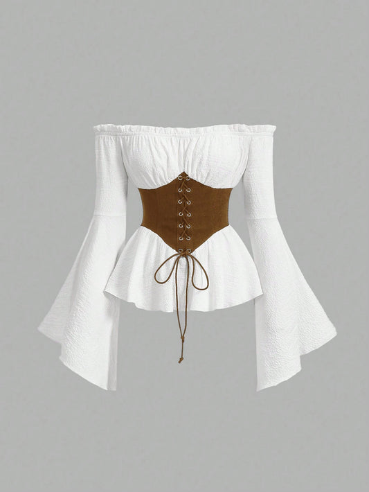 MOD Women's White And Brown Off Shoulder Lace-Up Blouse,Summer Cottage Core Long Flared Sleeve Peplum Top,Renaissance Vintage Corset Waist Photoshoot