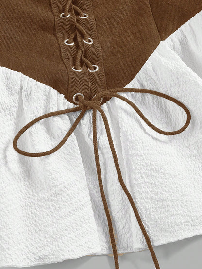 MOD Women's White And Brown Off Shoulder Lace-Up Blouse,Summer Cottage Core Long Flared Sleeve Peplum Top,Renaissance Vintage Corset Waist Photoshoot