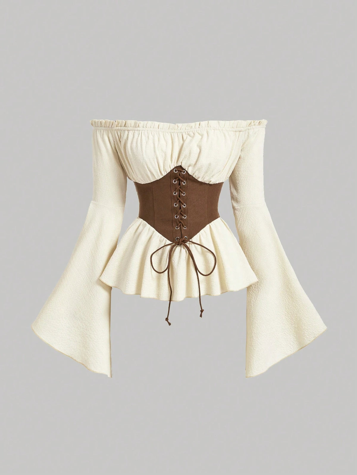 MOD Women's White And Brown Off Shoulder Lace-Up Blouse,Summer Cottage Core Long Flared Sleeve Peplum Top,Renaissance Vintage Corset Waist Photoshoot