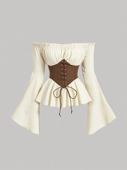 MOD Women's White And Brown Off Shoulder Lace-Up Blouse,Summer Cottage Core Long Flared Sleeve Peplum Top,Renaissance Vintage Corset Waist Photoshoot