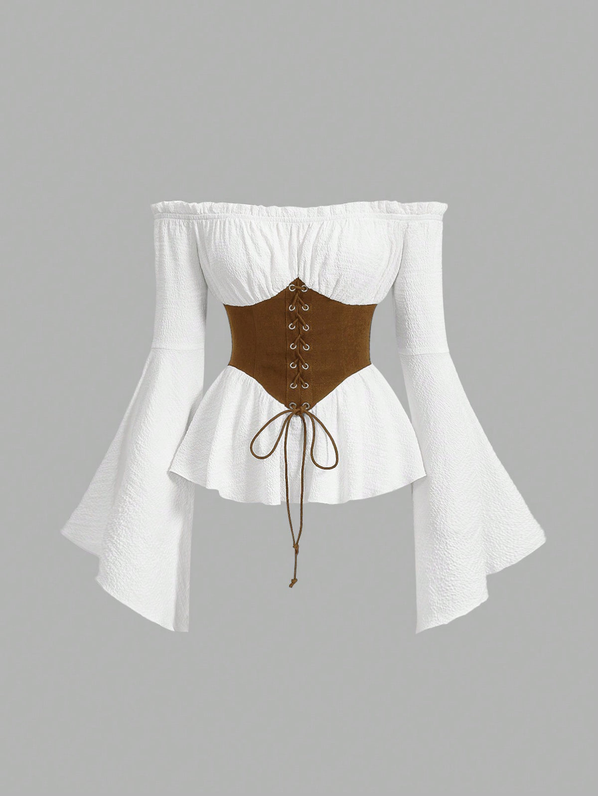 MOD Women's White And Brown Off Shoulder Lace-Up Blouse,Summer Cottage Core Long Flared Sleeve Peplum Top,Renaissance Vintage Corset Waist Photoshoot