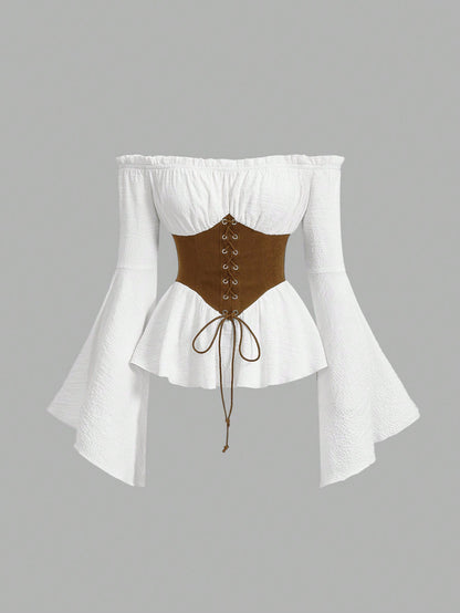 MOD Women's White And Brown Off Shoulder Lace-Up Blouse,Summer Cottage Core Long Flared Sleeve Peplum Top,Renaissance Vintage Corset Waist Photoshoot