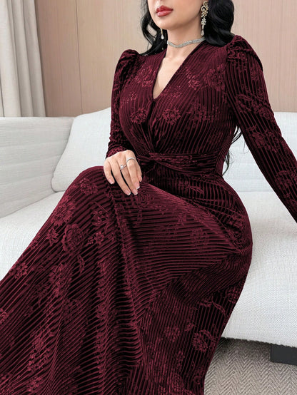 Modelyn Elegant Velvet Embossed Long Dress, Tea-Length For Women New Year's Outfit Dresses Red Wine Sleeve Marroon