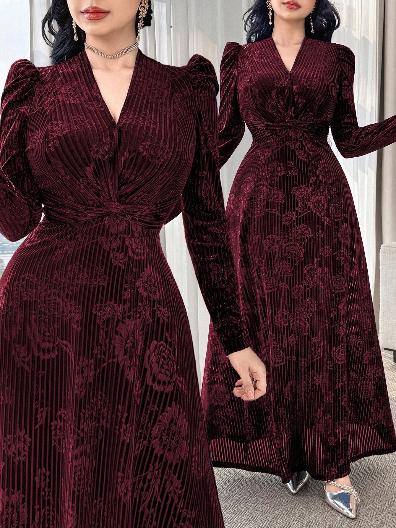 Modelyn Elegant Velvet Embossed Long Dress, Tea-Length For Women New Year's Outfit Dresses Red Wine Sleeve Marroon