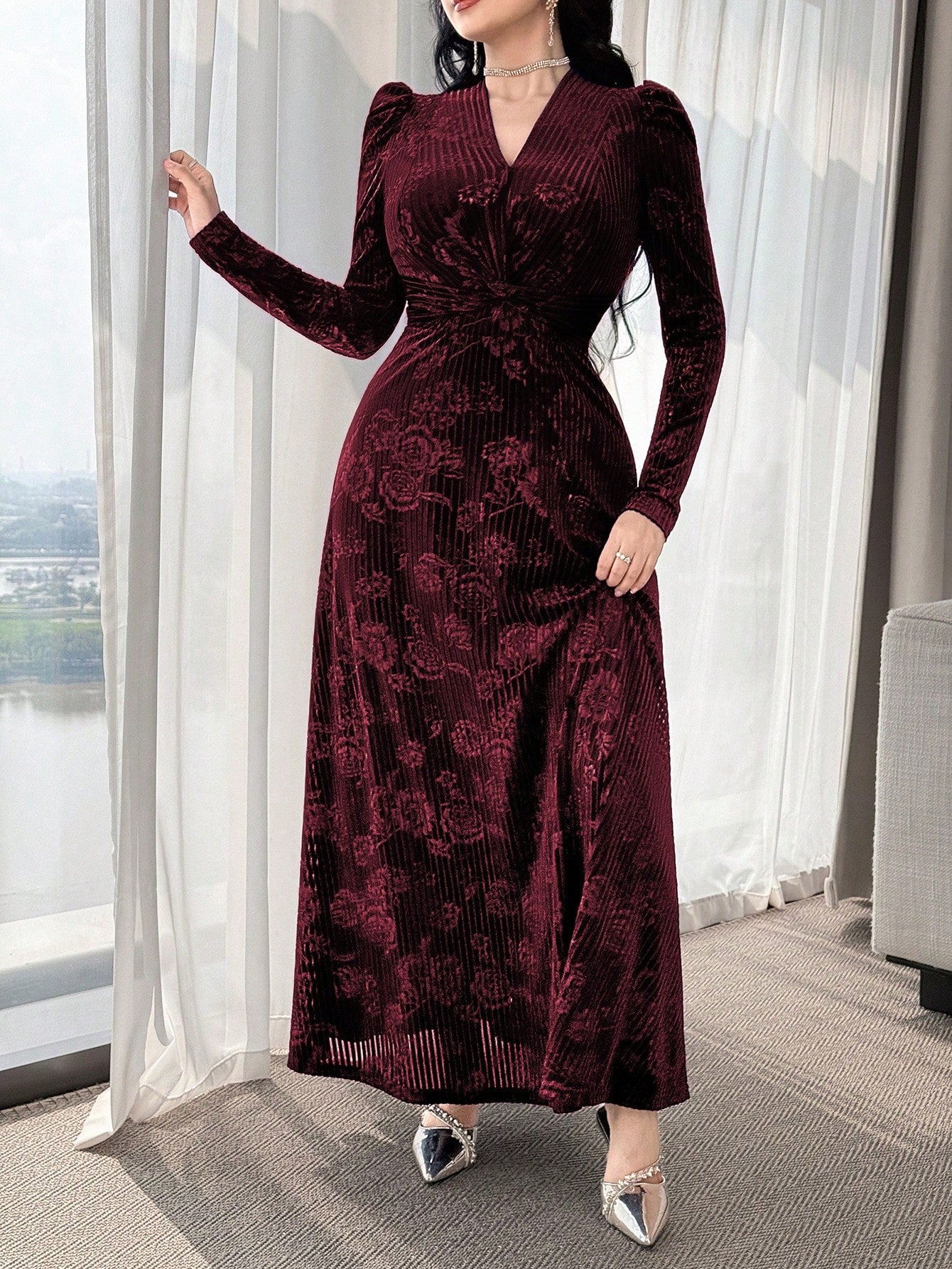 Modelyn Elegant Velvet Embossed Long Dress, Tea-Length For Women New Year's Outfit Dresses Red Wine Sleeve Marroon