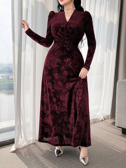 Modelyn Elegant Velvet Embossed Long Dress, Tea-Length For Women New Year's Outfit Dresses Red Wine Sleeve Marroon