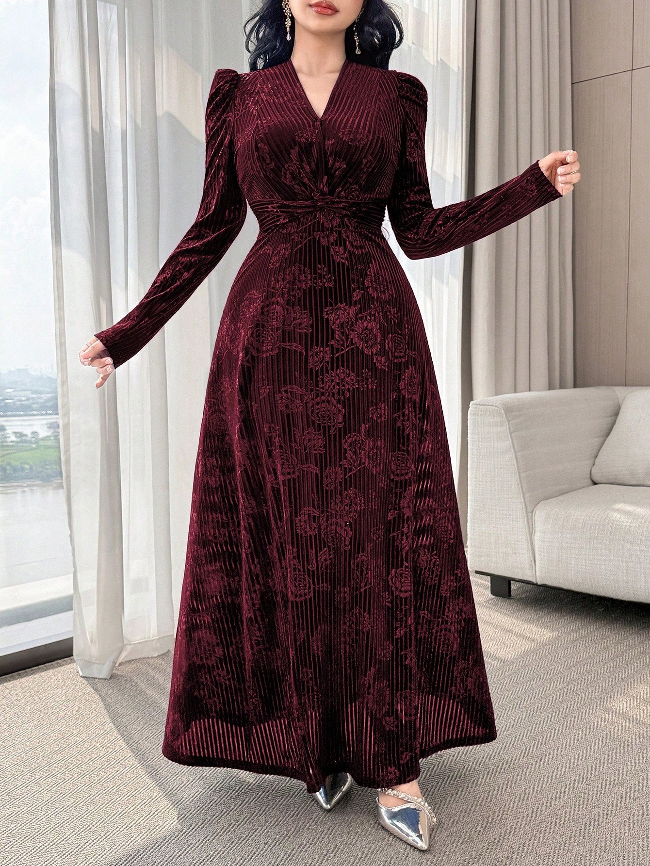 Modelyn Elegant Velvet Embossed Long Dress, Tea-Length For Women New Year's Outfit Dresses Red Wine Sleeve Marroon