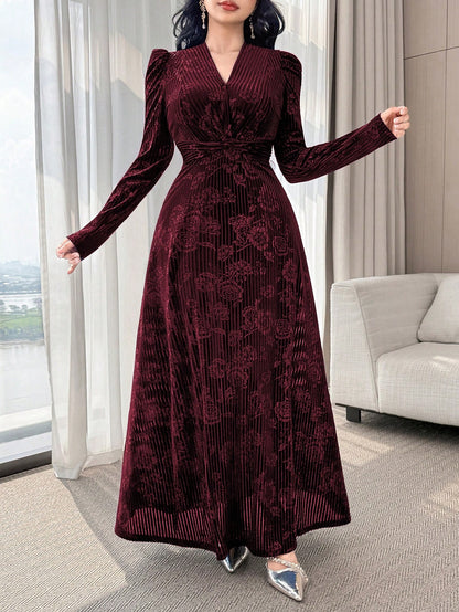 Modelyn Elegant Velvet Embossed Long Dress, Tea-Length For Women New Year's Outfit Dresses Red Wine Sleeve Marroon